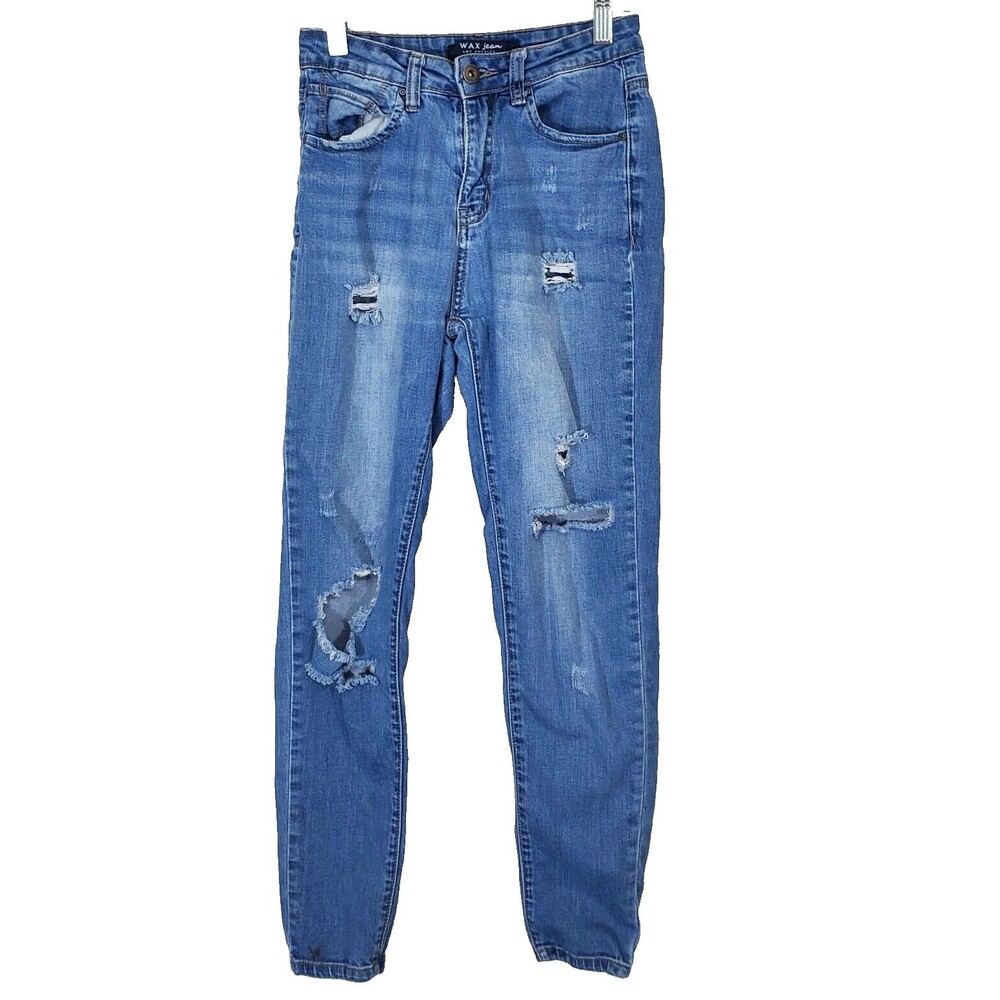 Wax Jean Juniors 1 Blue Skinny Mid Rise Distressed Pants Denim Jeans Women